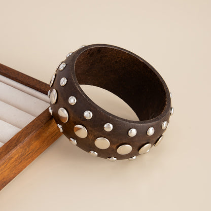 Brown Wood and Silvertone Spot Layered Bangle, silver bangle bracelet, elegant gift for her, side view