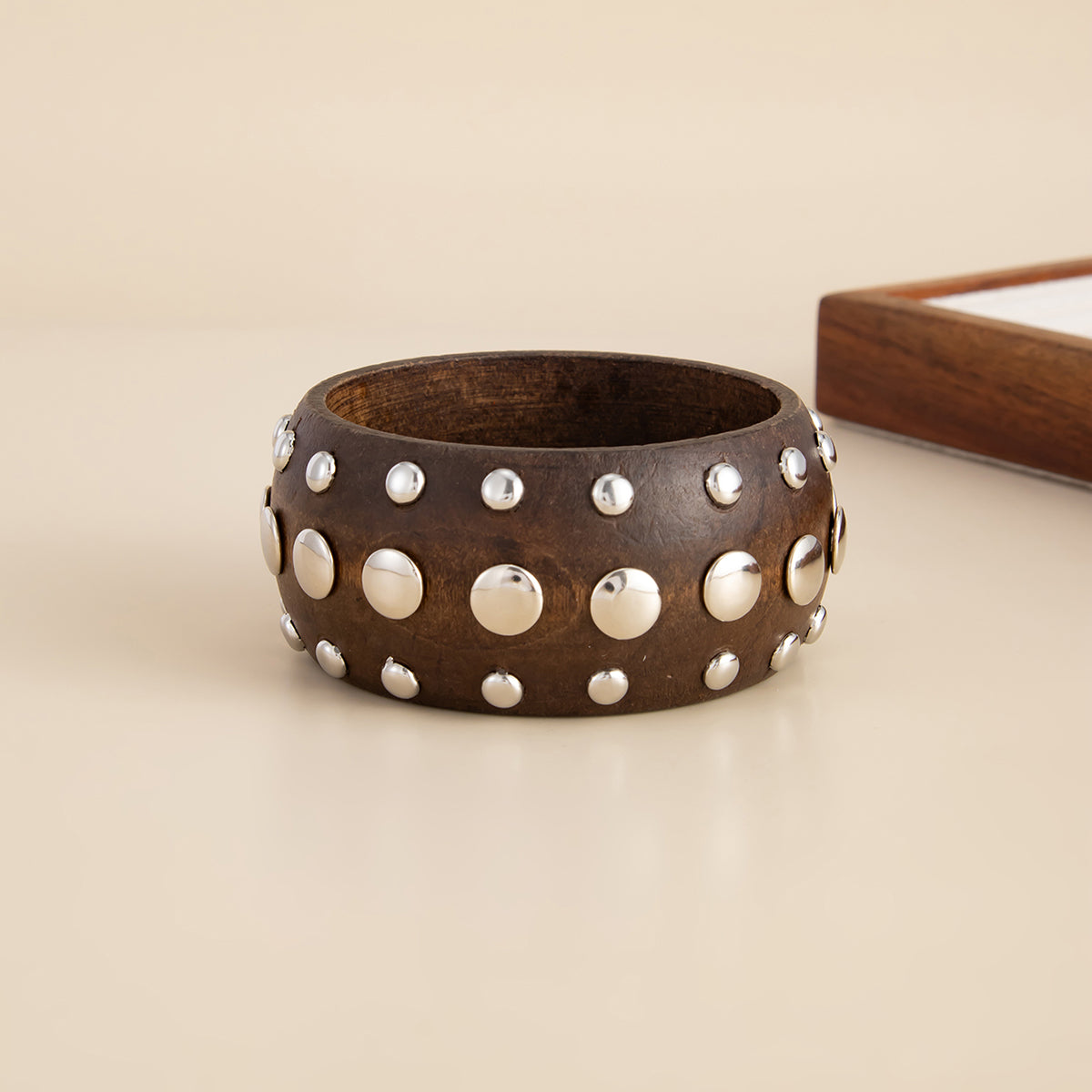 Brown Wood and Silvertone Spot Layered Bangle, silver bangle bracelet, elegant gift for her, detail close-up