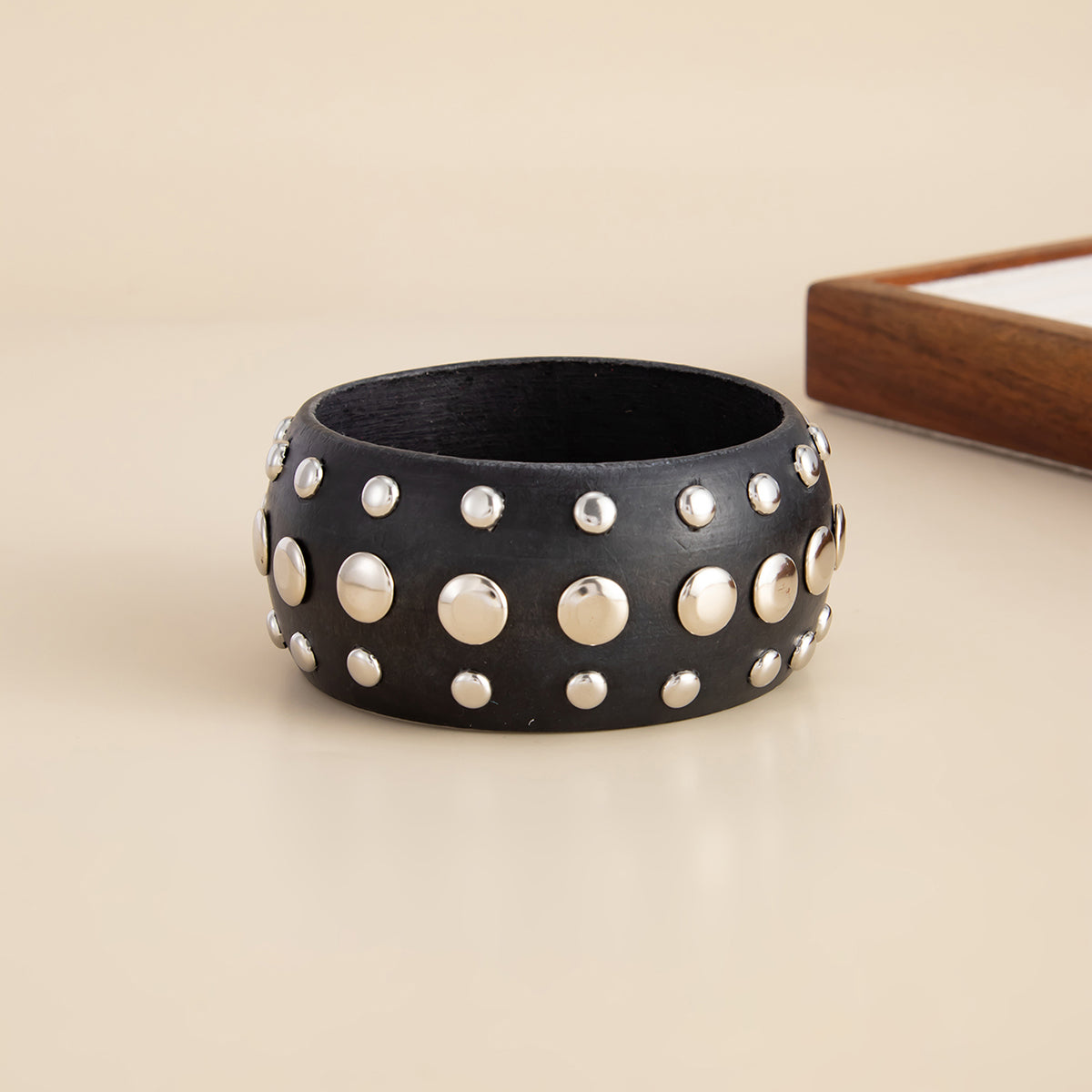 Black Wood and Silvertone Spot Layered Bangle, silver bangle bracelet, elegant gift for her, detail close-up