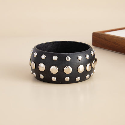 Black Wood and Silvertone Spot Layered Bangle, silver bangle bracelet, elegant gift for her, detail close-up
