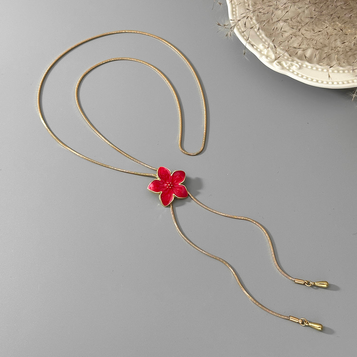 Red Enamel and Goldtone Flower Tassel Pendant Necklace, elegant gift for her, side view
