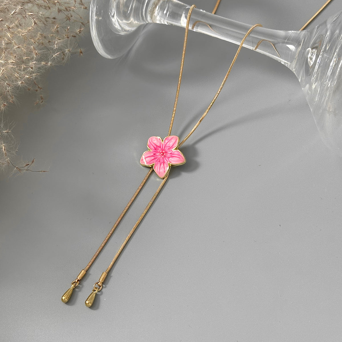 Pink Enamel and Goldtone Flower Tassel Pendant Necklace, vintage-inspired design, detail close-up