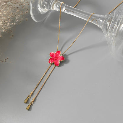 Red Enamel and Goldtone Flower Tassel Pendant Necklace, elegant gift for her, detail close-up