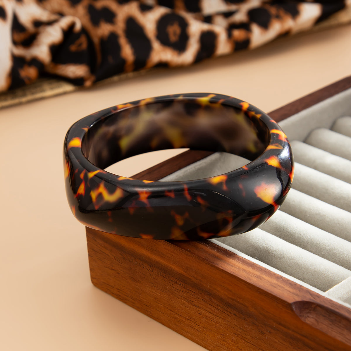 Amber Leopard Print Irregular Resin Bangle, bangle bracelet, elegant gift for her, detail close-up