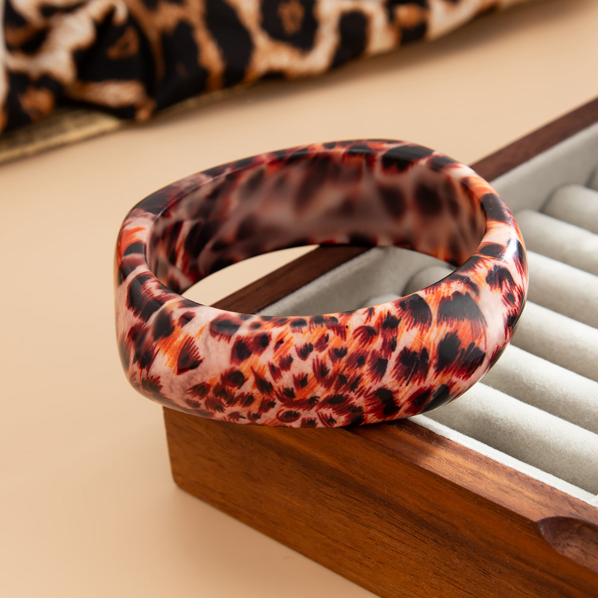 Coffee Leopard Print Irregular Resin Bangle, bangle bracelet, dainty minimalist design, lifestyle look