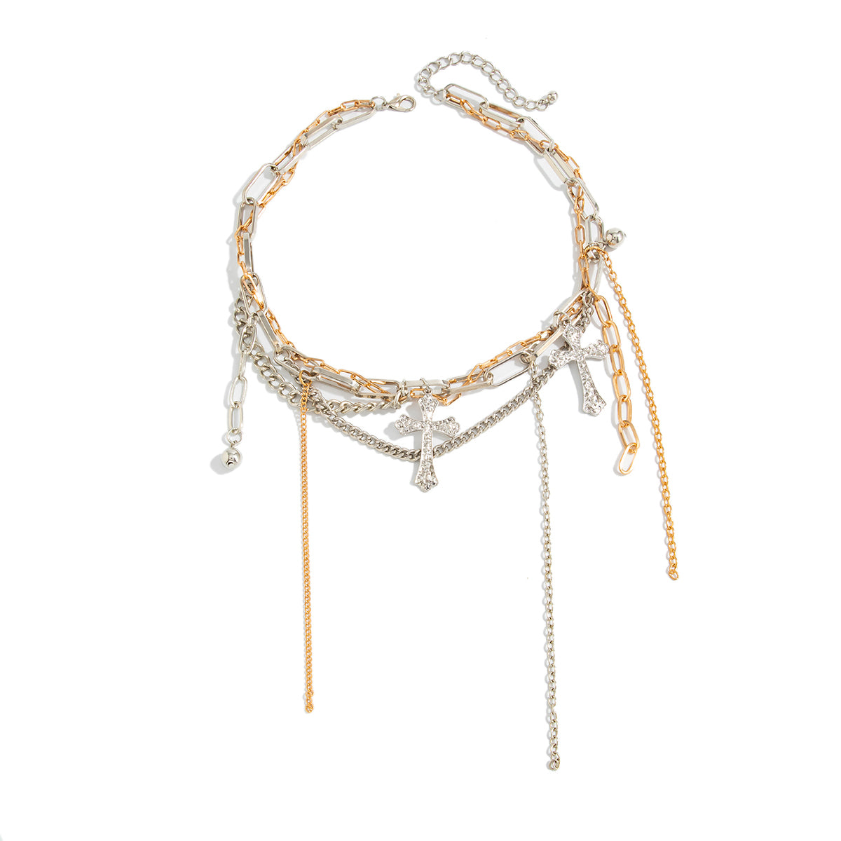 Two Tone Cross Pendant Layered Tassel Necklace, vintage-inspired design, front view