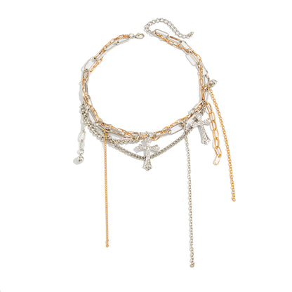 Two Tone Cross Pendant Layered Tassel Necklace, vintage-inspired design, front view