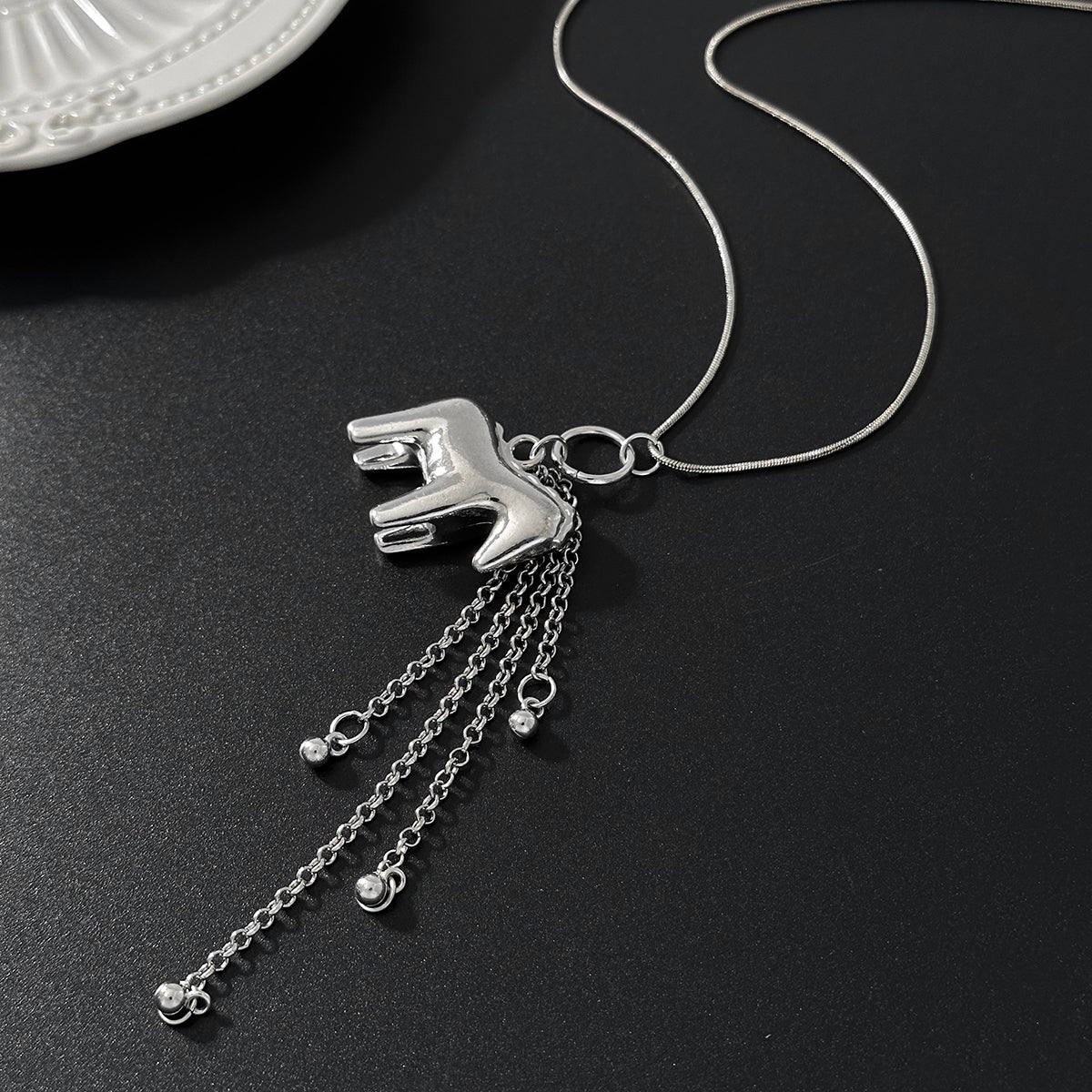 Silvertone Horse Tassel Pendant Necklace, everyday style, side view
