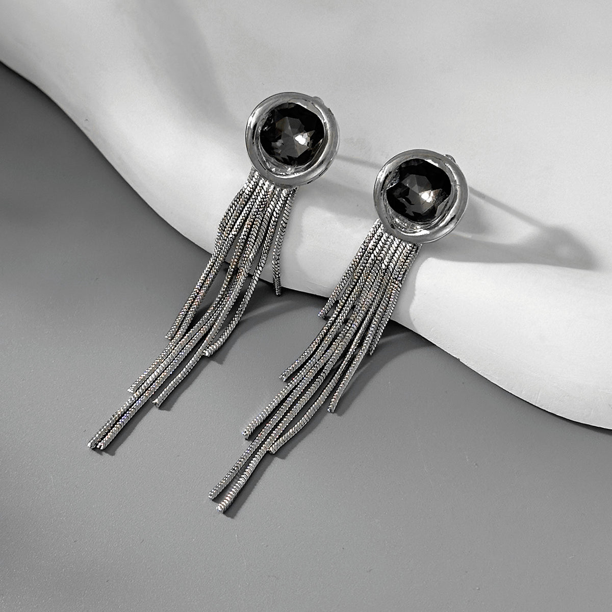 Gray Crystal & Silvertone Round Tassel Dangle Earrings - Street Region
