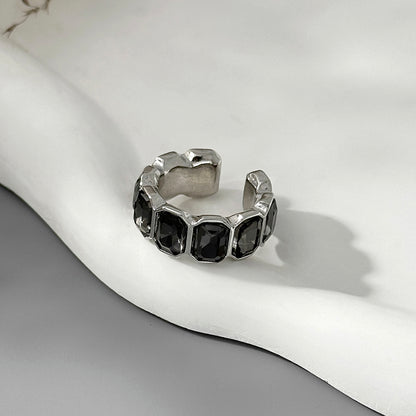 Gray Crystal and Silvertone Rectangle Open Band Ring, elegant gift for her, side view