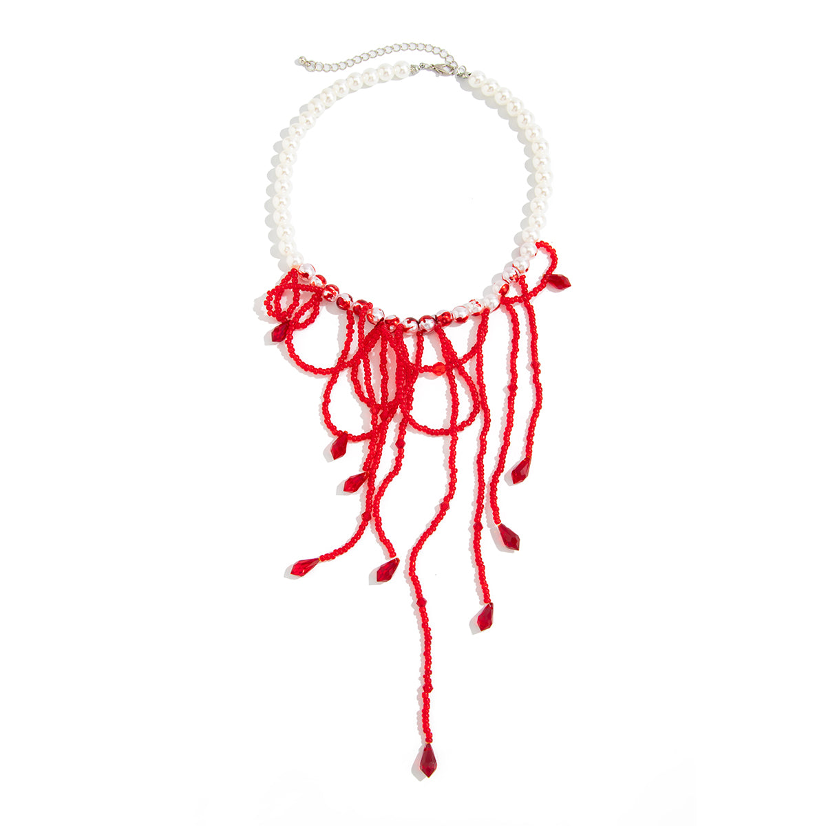 Red Acrylic and Enamel Pearl Silvertone Tassel Necklace, dainty minimalist design, front view