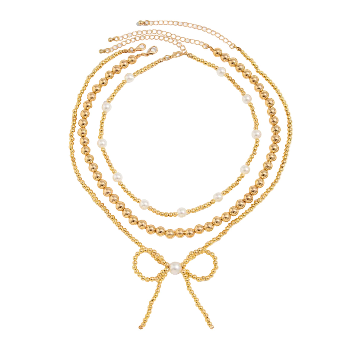 Pearl and Goldtone Beads Chain Bow Pendant Necklace Set, gold pendant necklace for women, everyday style, front view