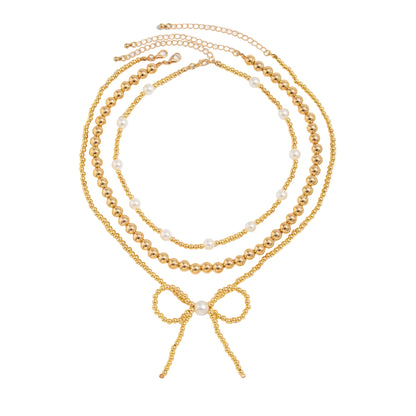 Pearl and Goldtone Beads Chain Bow Pendant Necklace Set, gold pendant necklace for women, everyday style, front view