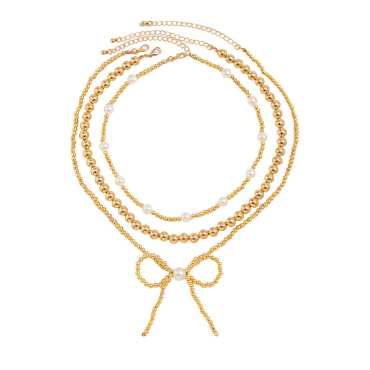 Pearl and Goldtone Beads Chain Bow Pendant Necklace Set, gold pendant necklace for women, everyday style, front view
