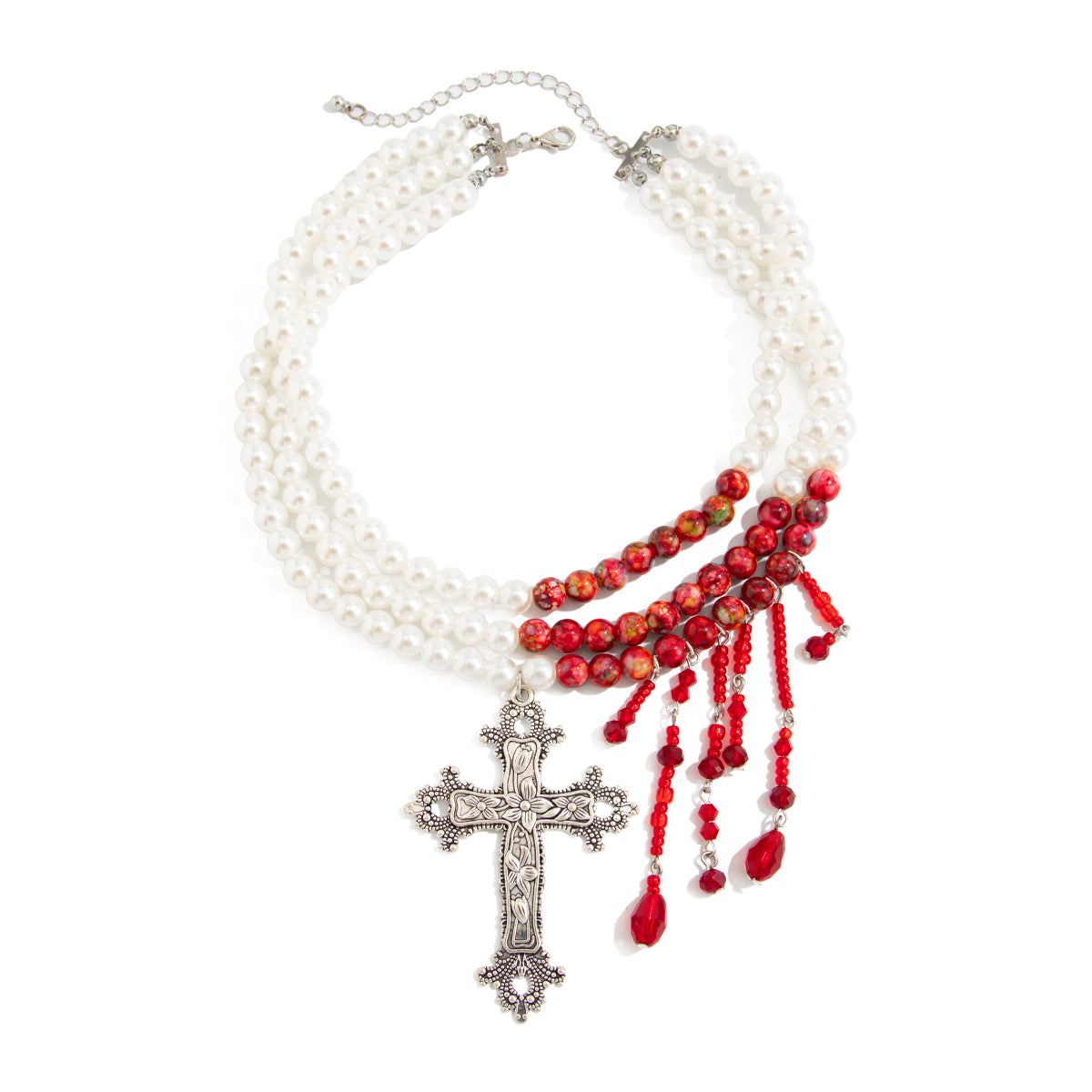 Red Acrylic and Sandstone Pearl Silvertone Cross Pendant Layered Necklace, botanical inspired, front view