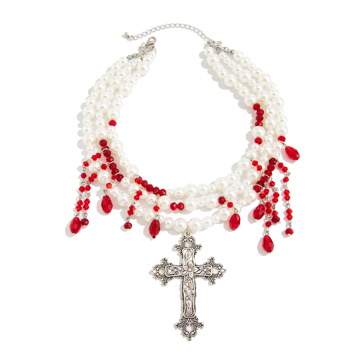 Red Acrylic and Pearl Silvertone Drop Cross Pendant Layered Necklace, dainty minimalist design, front view
