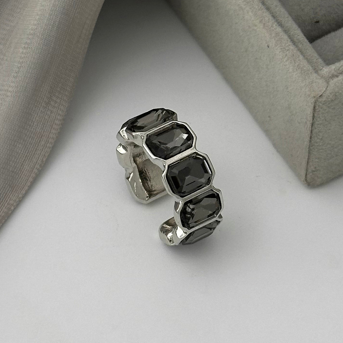 Gray Crystal and Silvertone Rectangle Open Band Ring, elegant gift for her, detail close-up