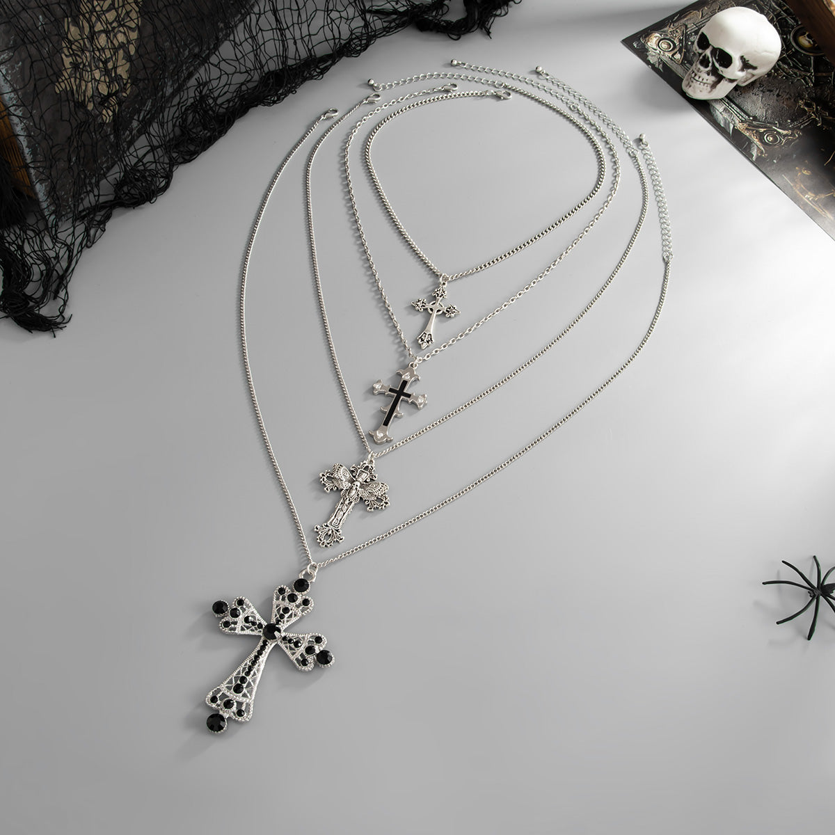 Black Cubic Zirconia and Enamel Silvertone Cross Pendant Necklace Set, silver pendant necklace for women, side view