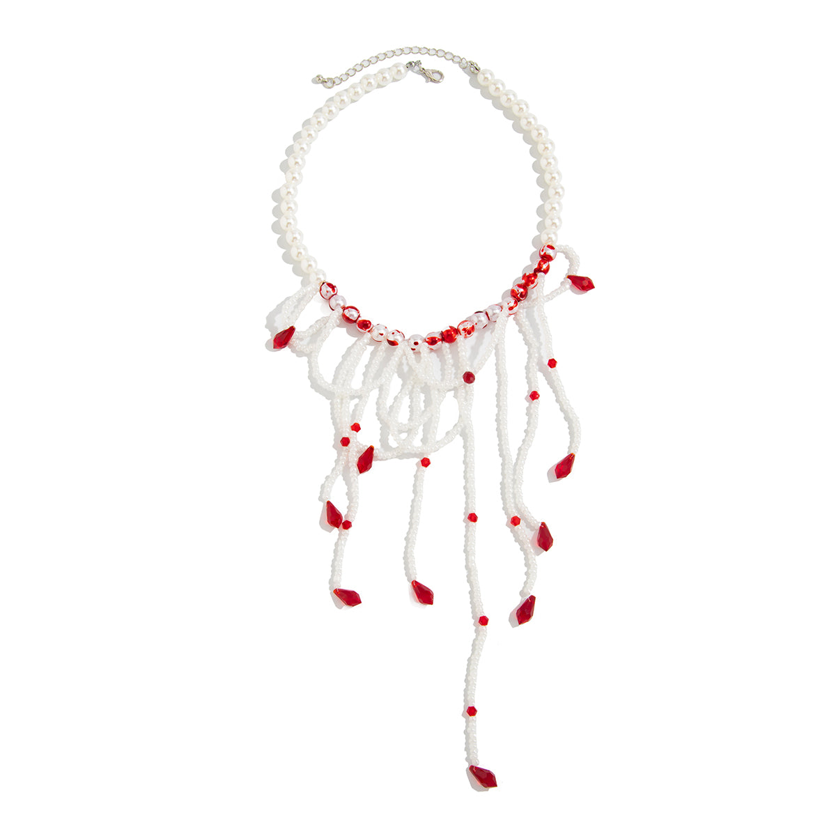 White Acrylic and Enamel Pearl Silvertone Tassel Necklace, dainty minimalist design, front view