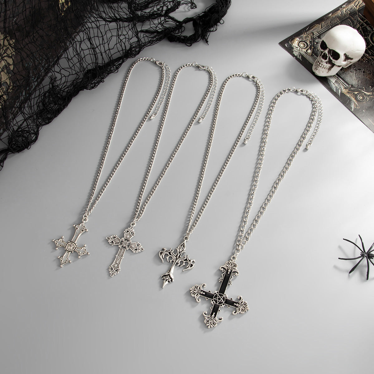 Black Enamel and Silvertone Cross Pendant Necklace Set, silver pendant necklace for women, elegant gift for her, side view