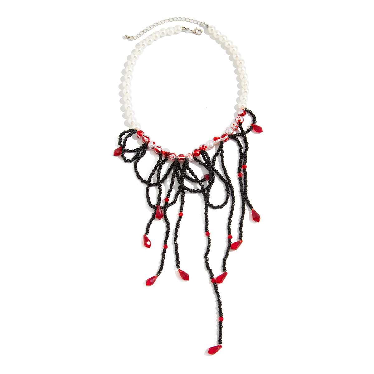 Black Acrylic and Enamel Pearl Silvertone Tassel Necklace, botanical inspired, front view