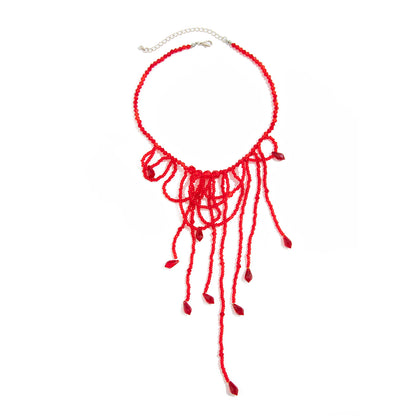 Red Acrylic and Silvertone Tassel Necklace, everyday style, front view