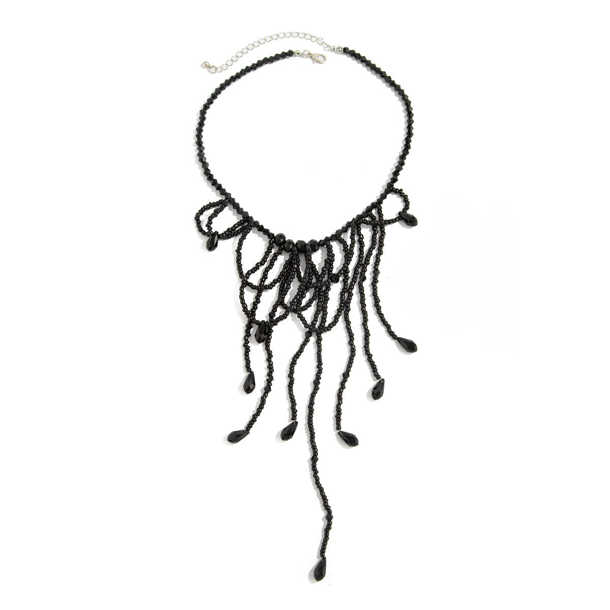 Black Acrylic and Silvertone Tassel Necklace, everyday style, front view