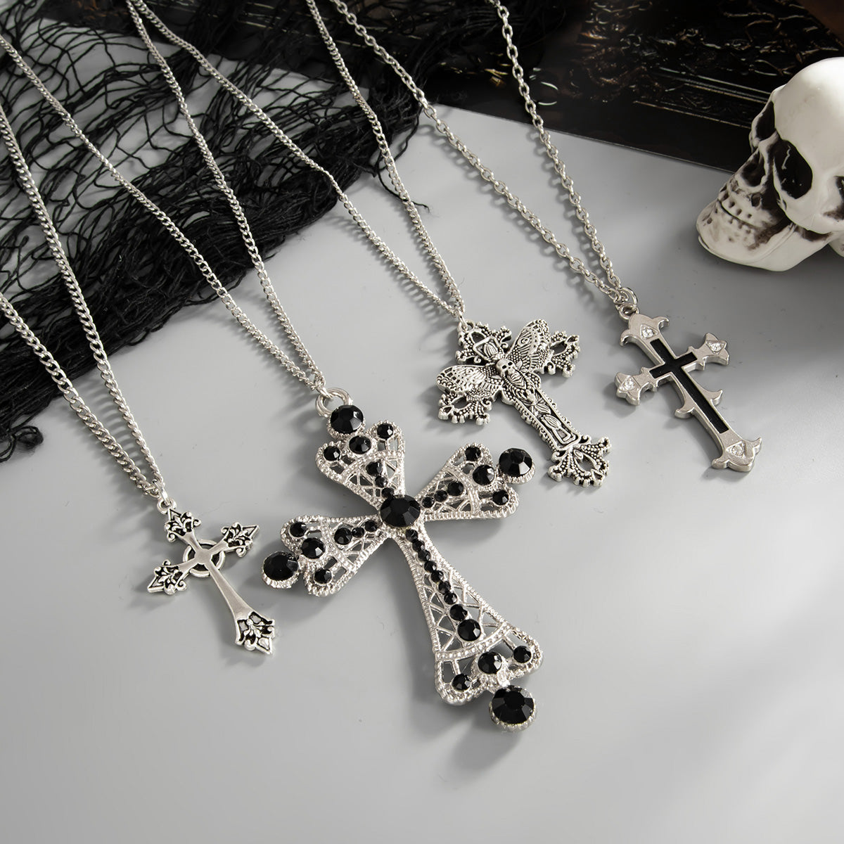 Black Cubic Zirconia and Enamel Silvertone Cross Pendant Necklace Set, silver pendant necklace for women, detail close-up
