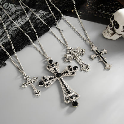 Black Cubic Zirconia and Enamel Silvertone Cross Pendant Necklace Set, silver pendant necklace for women, detail close-up
