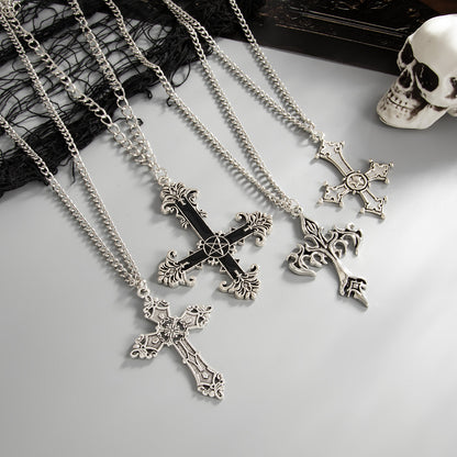 Black Enamel and Silvertone Cross Pendant Necklace Set, silver pendant necklace for women, detail close-up