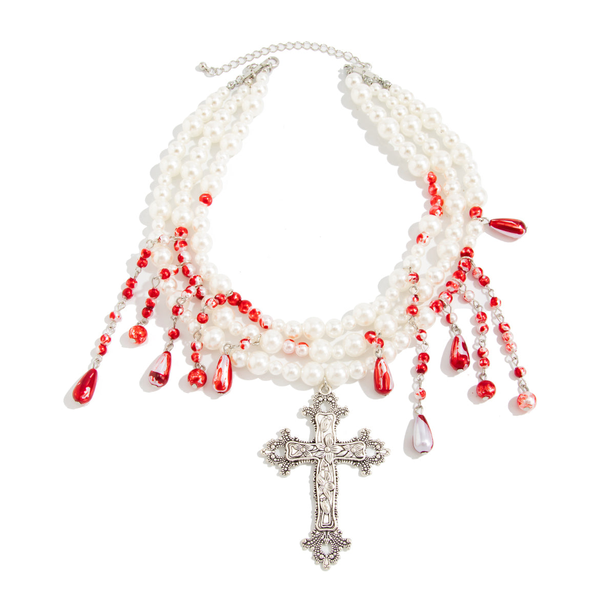Red Enamel and Pearl Silvertone Drop Cross Pendant Layered Necklace, elegant gift for her, front view