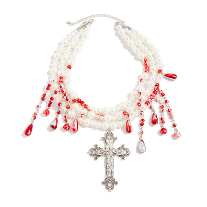 Red Enamel and Pearl Silvertone Drop Cross Pendant Layered Necklace, elegant gift for her, front view
