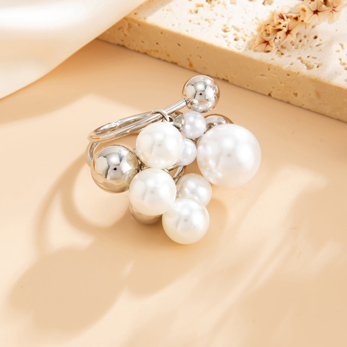 Pearl and Silvertone Ball Cluster Bypass Ring, dainty minimalist design, side view