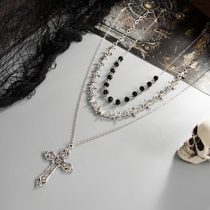 Black Resin and Silvertone Knot Station Cross Pendant Necklace Set, silver pendant necklace for women, side view