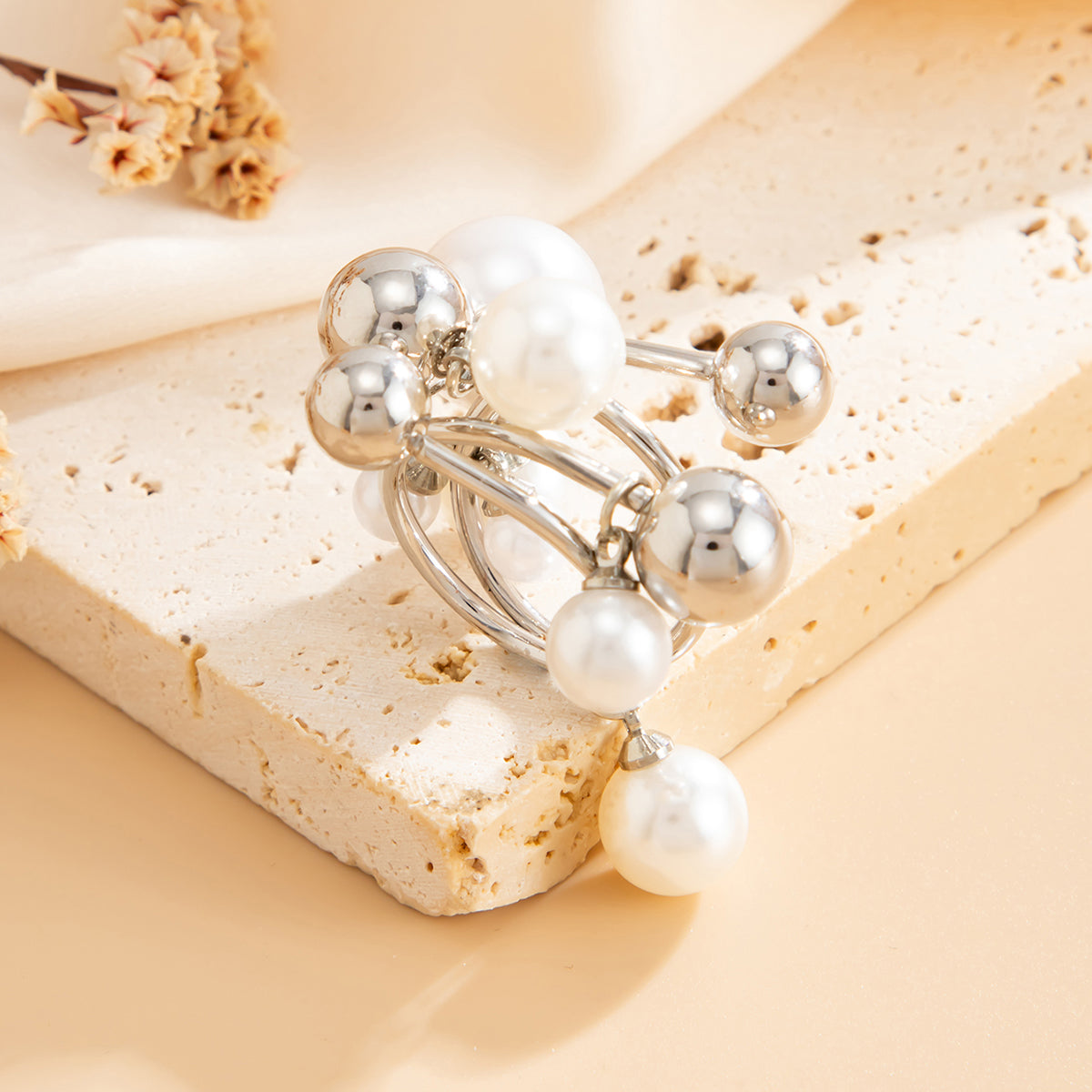 Pearl and Silvertone Ball Cluster Bypass Ring, dainty minimalist design, detail close-up
