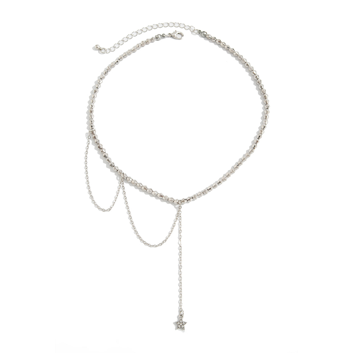 Cubic Zirconia and Silvertone Beaded Chain Star Drop Necklace, elegant gift for her, front view