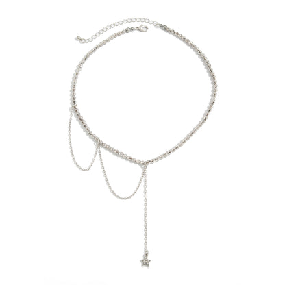 Cubic Zirconia and Silvertone Beaded Chain Star Drop Necklace, elegant gift for her, front view
