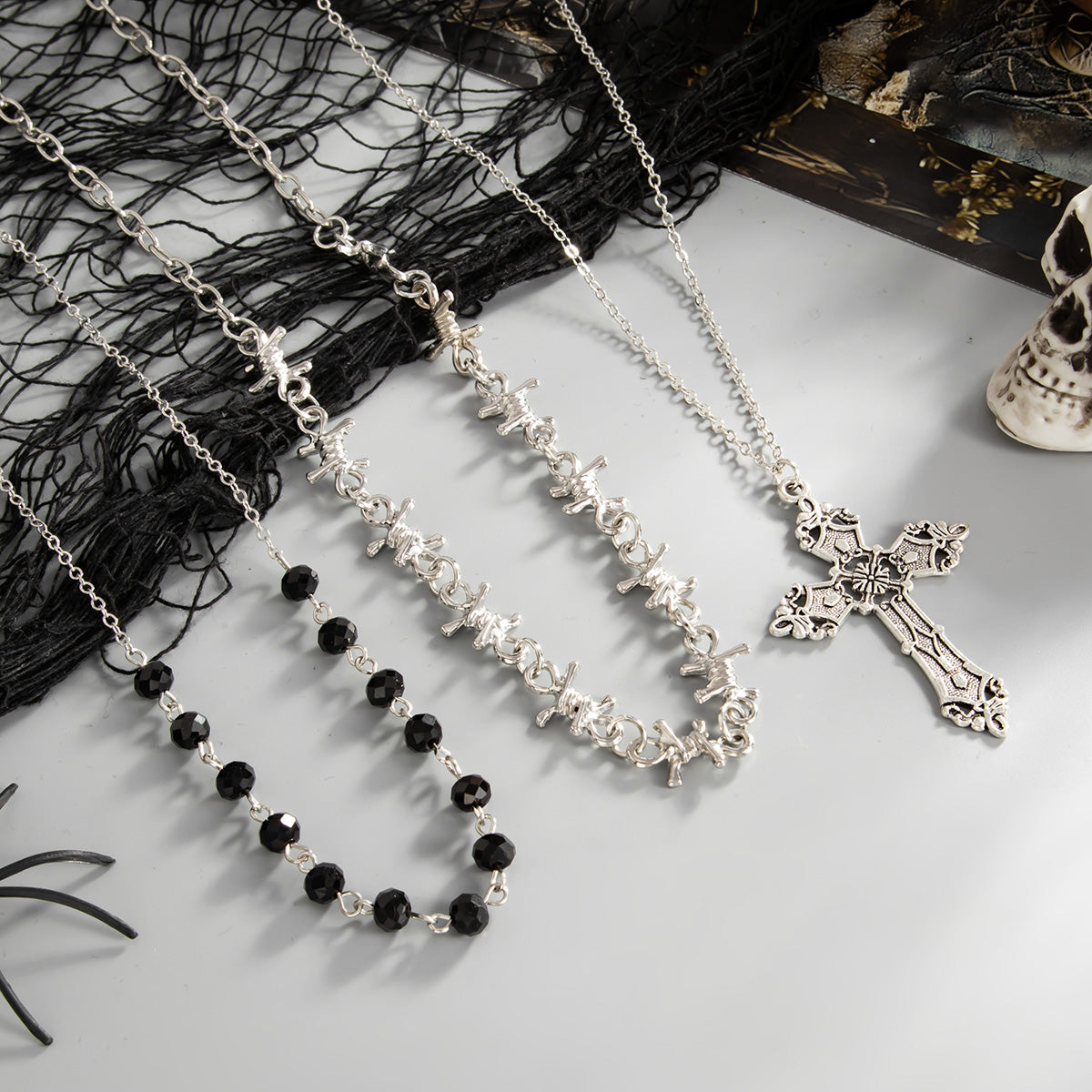 Black Resin and Silvertone Knot Station Cross Pendant Necklace Set, silver pendant necklace for women, detail close-up