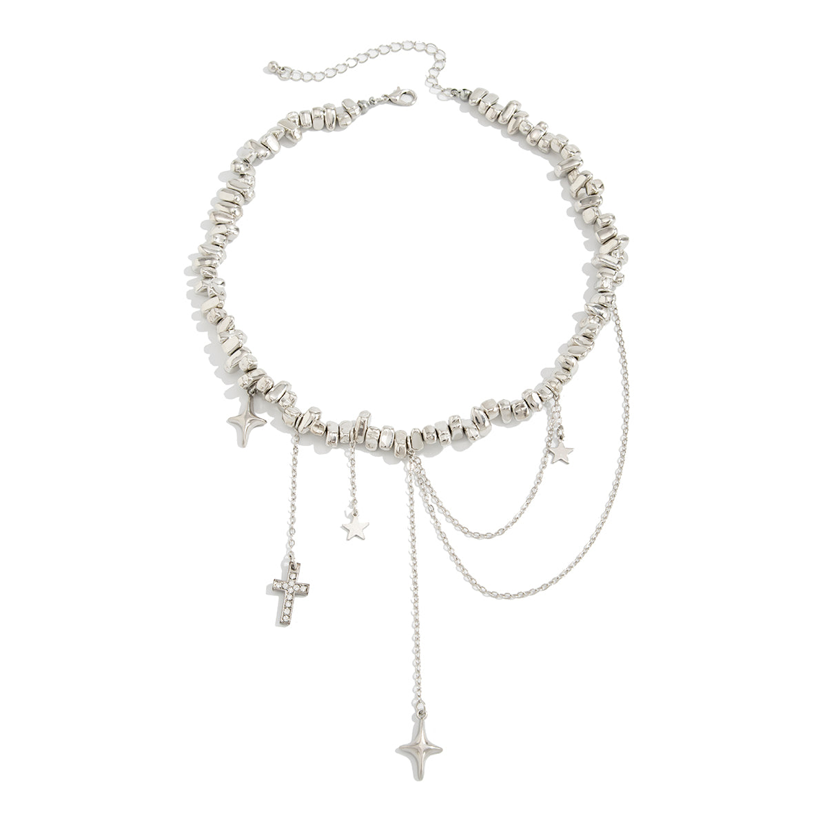 Cubic Zirconia and Silvertone Cross Star Drop Necklace, vintage-inspired design, front view