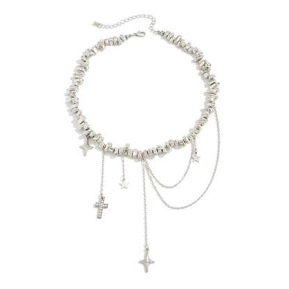 Cubic Zirconia and Silvertone Cross Star Drop Necklace, vintage-inspired design, front view