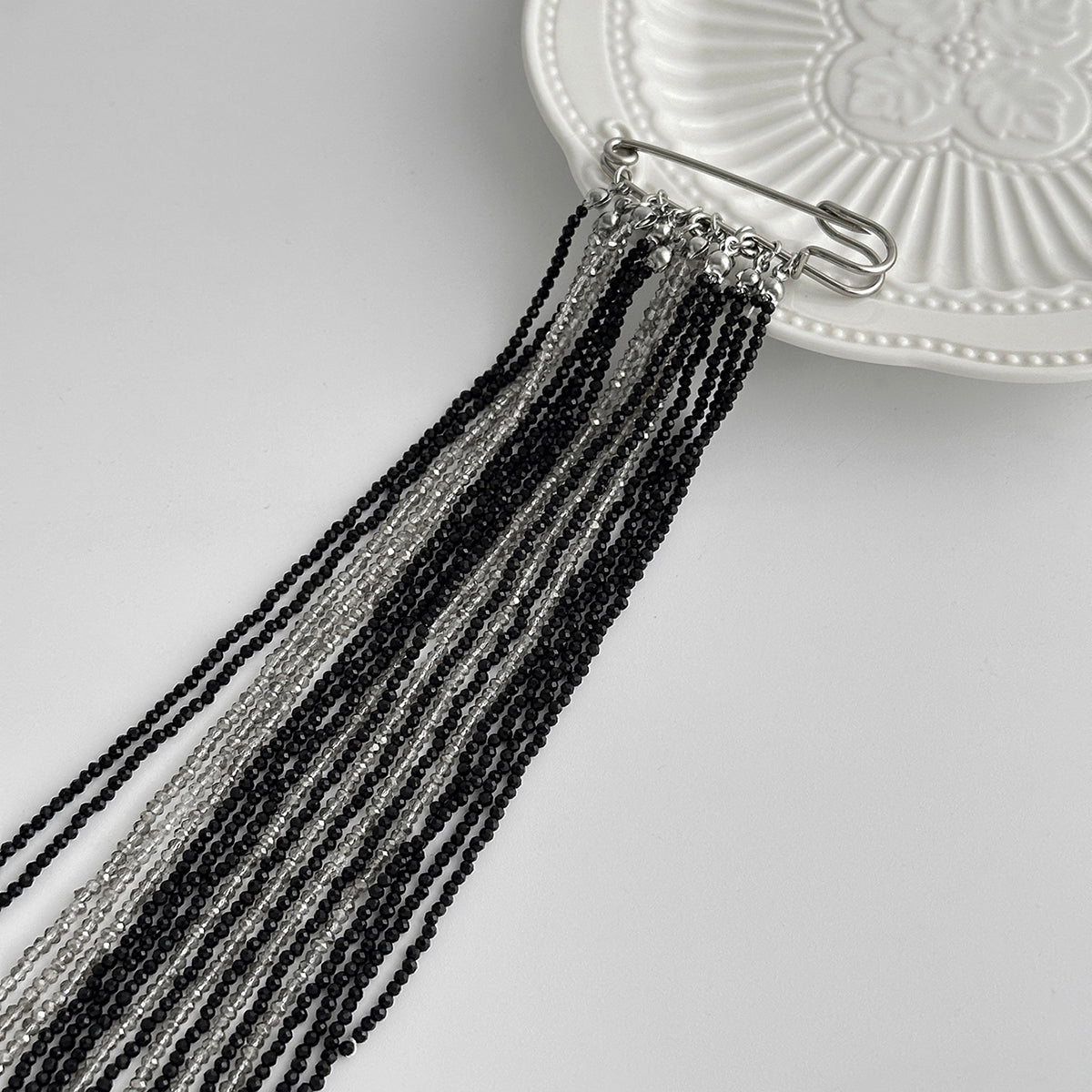 Black and White Acrylic Silvertone Tassel Pin Brooch, everyday style, side view
