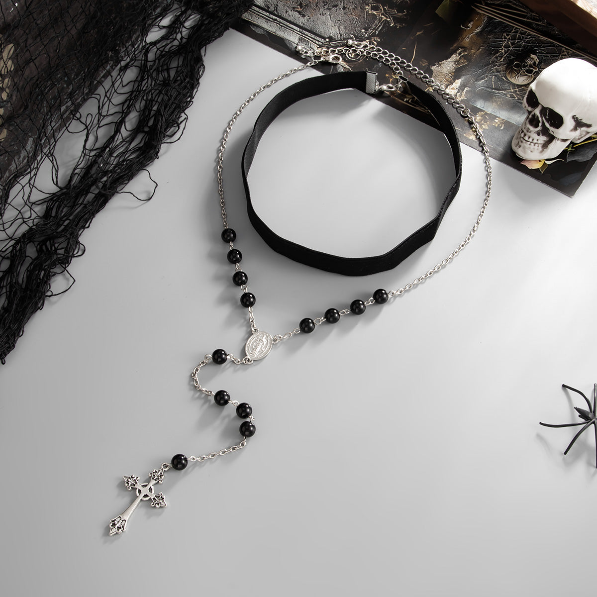 Black Resin and Polyster Silvertone Beads Chain Cross Drop Necklace Set, silver pendant necklace for women, detail close-up