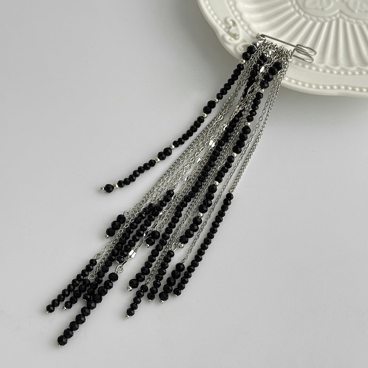 Black Acrylic and Silvertone Tassel Pin Brooch, dainty minimalist design, side view