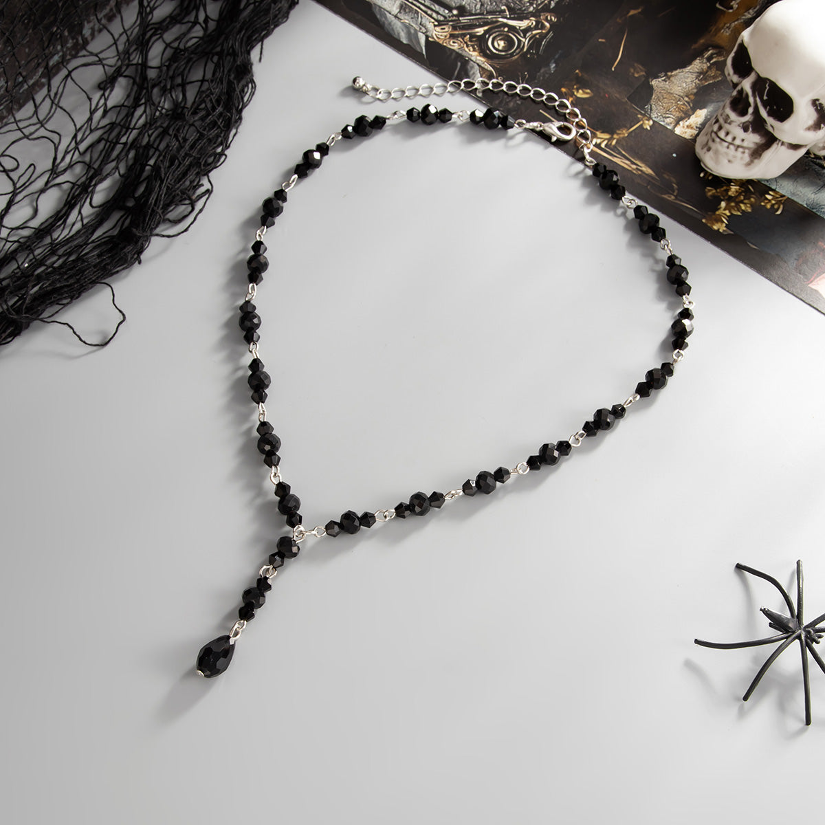 Black Acrylic and Silvertone Y-Necklace, elegant gift for her, side view