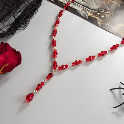 Red Acrylic and Silvertone Y-Necklace, dainty minimalist design, side view