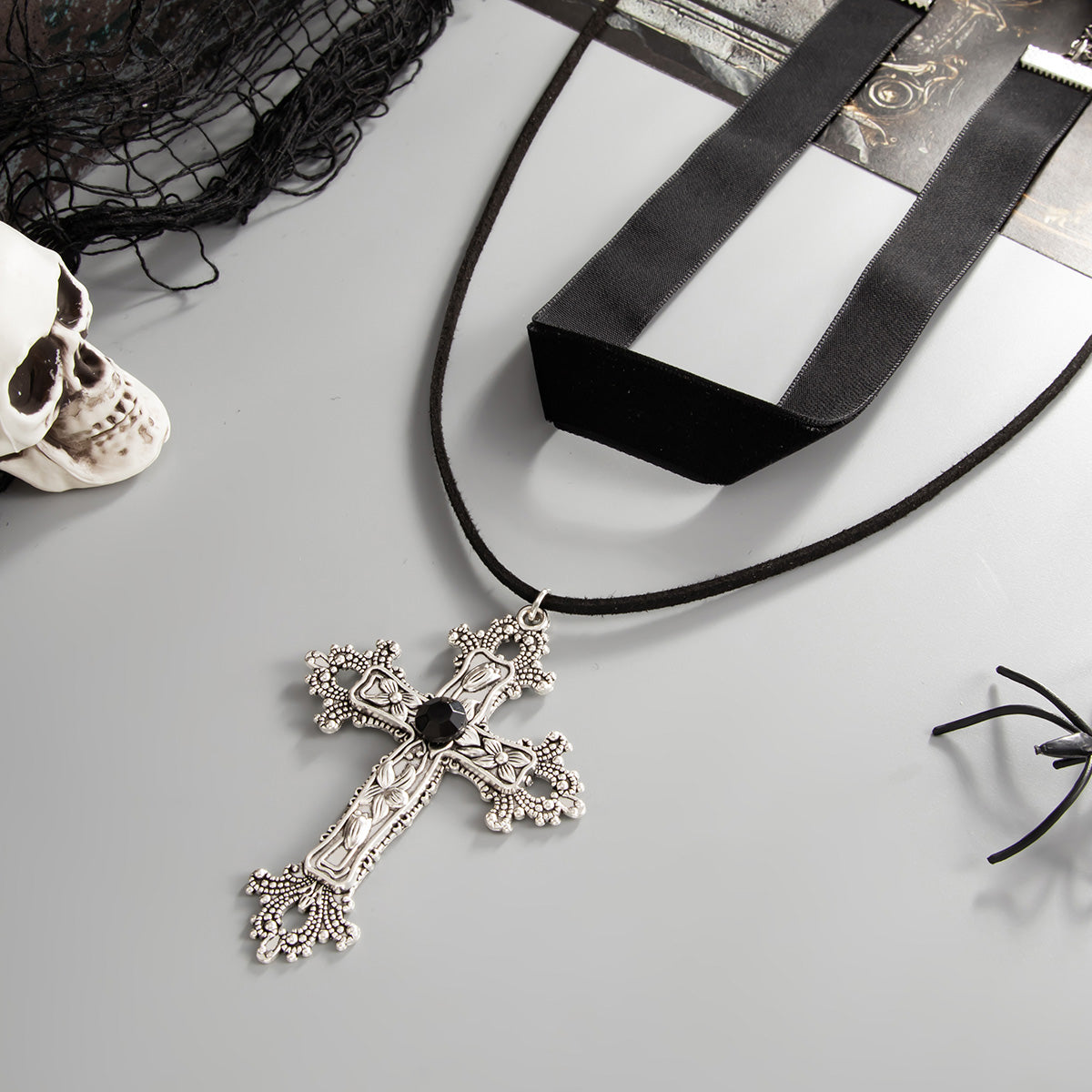 Black Cubic Zirconia and Polyster Silvertone Cross Pendant Necklace Set, silver pendant necklace for women, side view