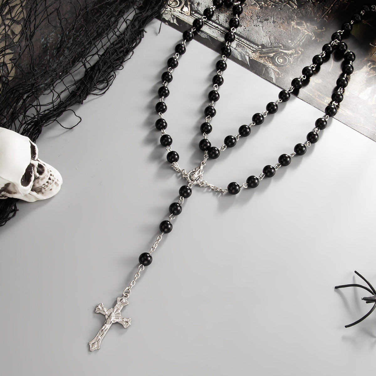 Black Acrylic and Silvertone Cross Pendant Layered Necklace, everyday style, side view