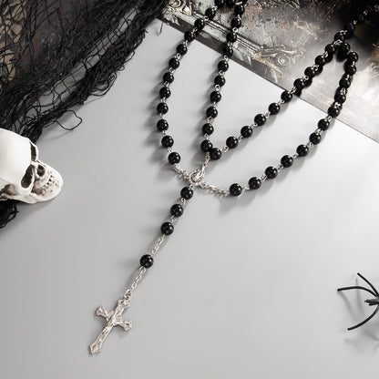 Black Acrylic and Silvertone Cross Pendant Layered Necklace, everyday style, side view
