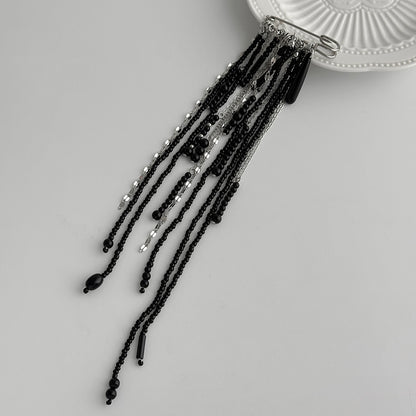 Black Crystal and Acrylic Silvertone Drop Tassel Pin Brooch, botanical inspired, side view