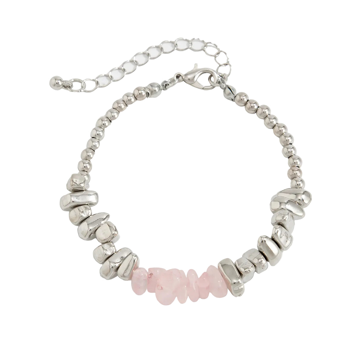 Pink Resin and Silvertone Irregular Beads Link Bracelet, silver bracelet for women, vintage-inspired design, front view